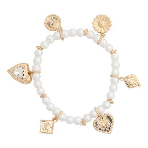 Merx 07-14404-1 Stretch Pearl and Gold Charm Bracelet