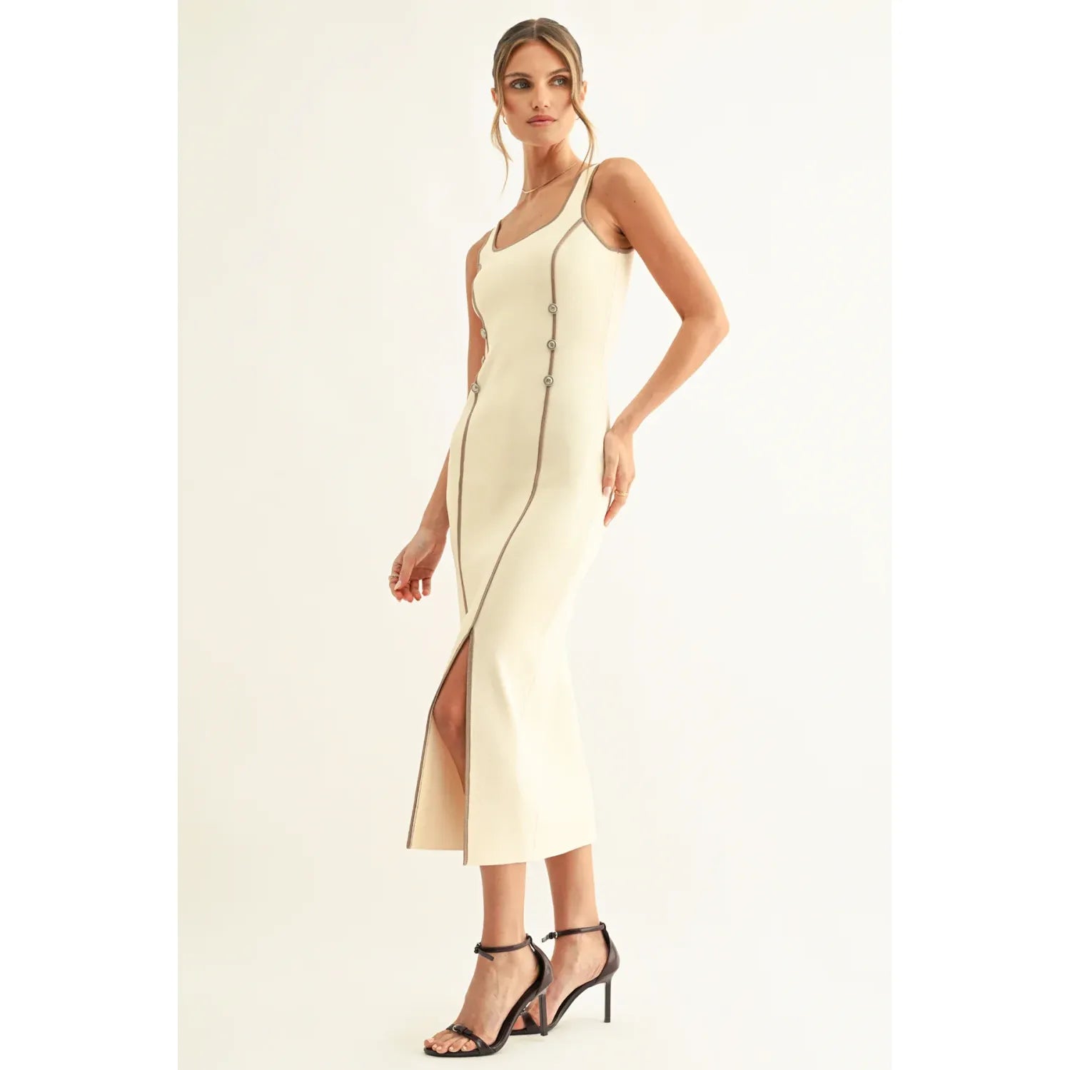 Kriss Contrast Binding Knit Midi Dress With Slit