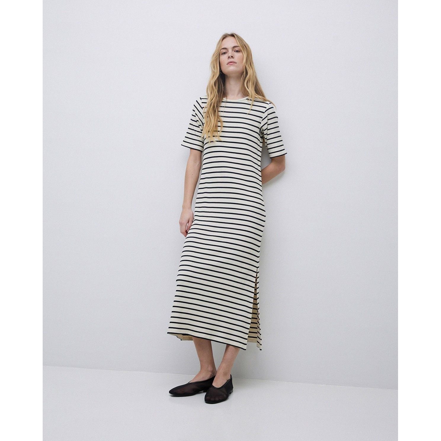 Dark Blue Ribbed Striped Midi Dress