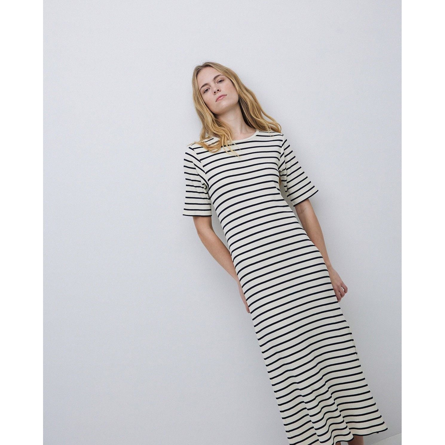 Dark Blue Ribbed Striped Midi Dress