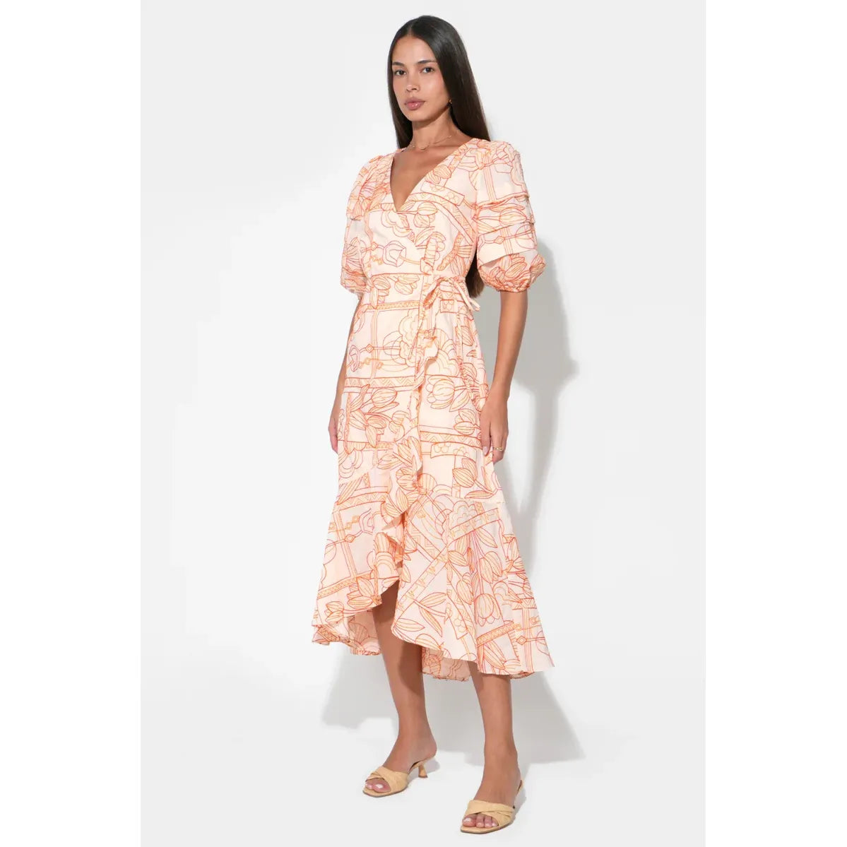 Haven Ruffle Embroidery Wrap Midi Dress