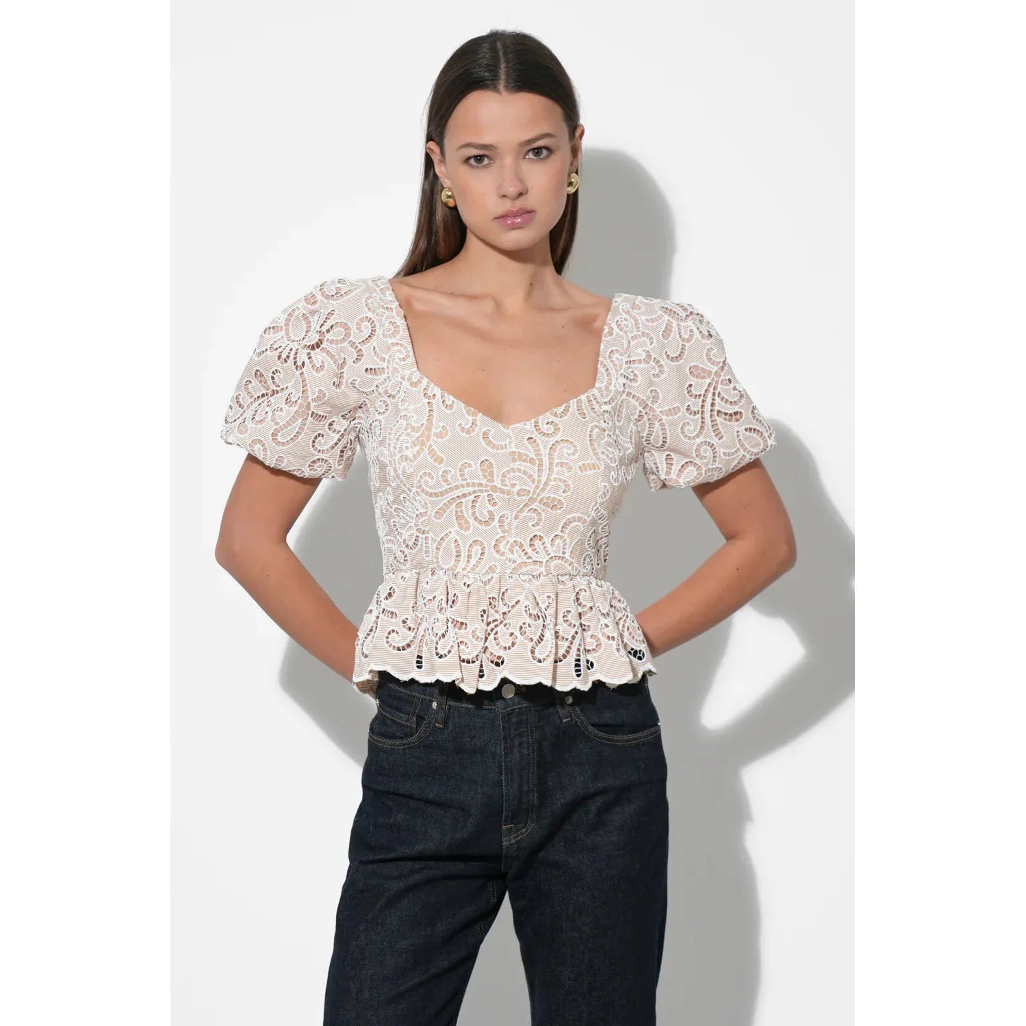 Alan Puff Sleeve Embroidered Eyelet Top