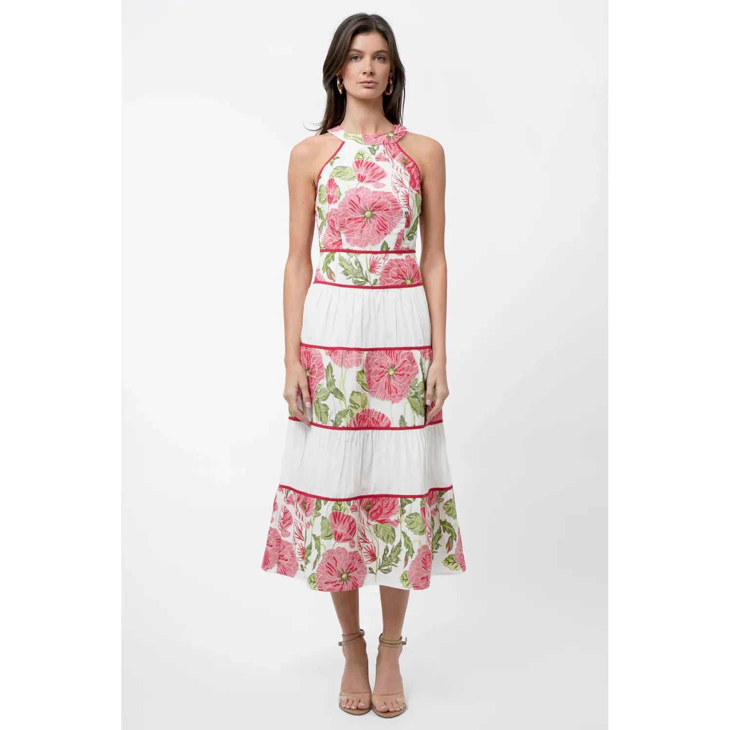 Haven Contrast Scalloped Textured Jacquard Halter Midi Dress