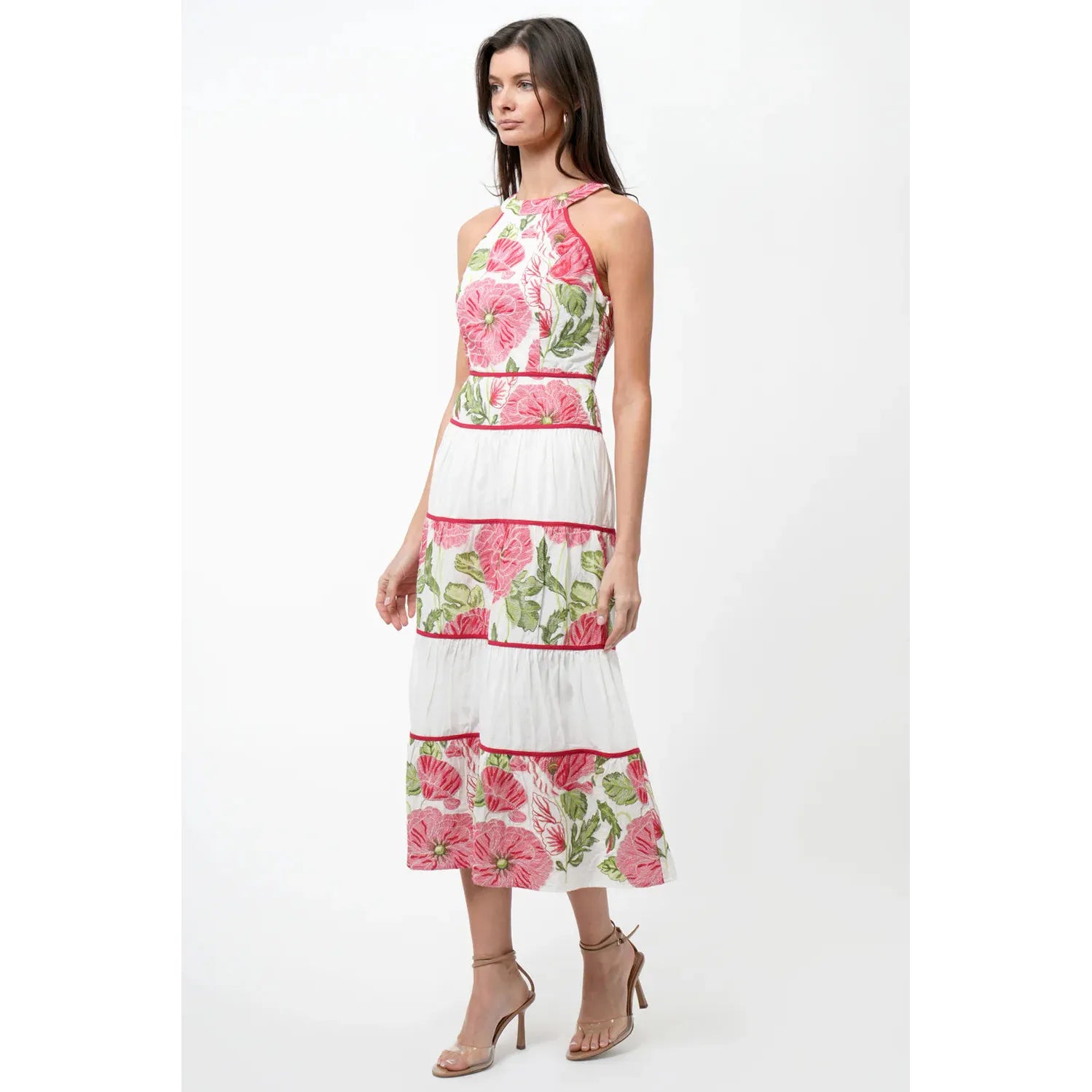 Haven Contrast Scalloped Textured Jacquard Halter Midi Dress