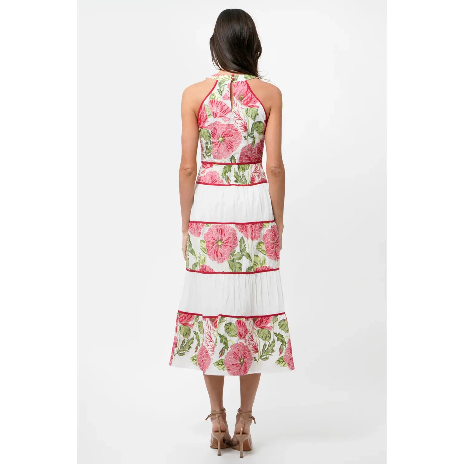 Haven Contrast Scalloped Textured Jacquard Halter Midi Dress