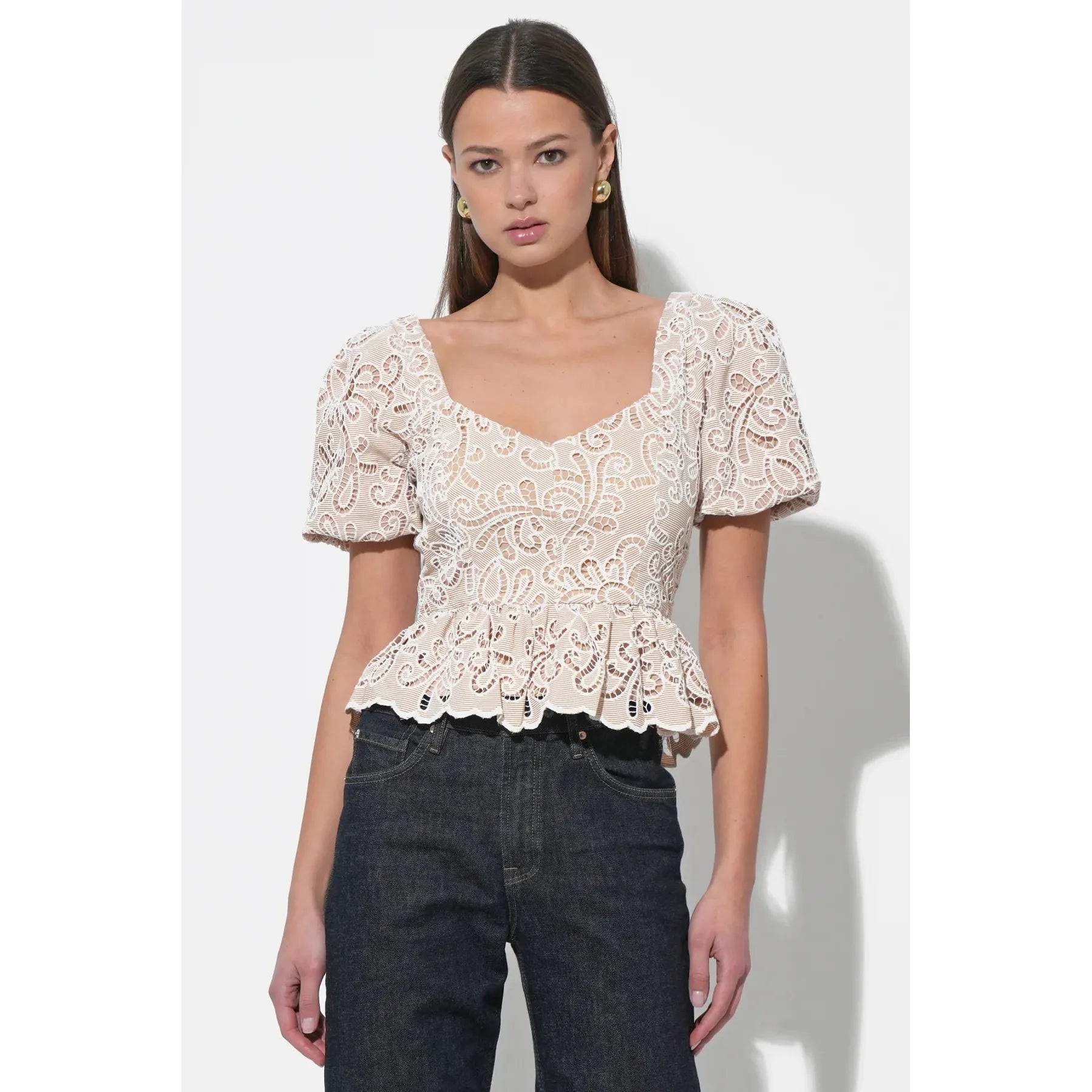 Alan Puff Sleeve Embroidered Eyelet Top