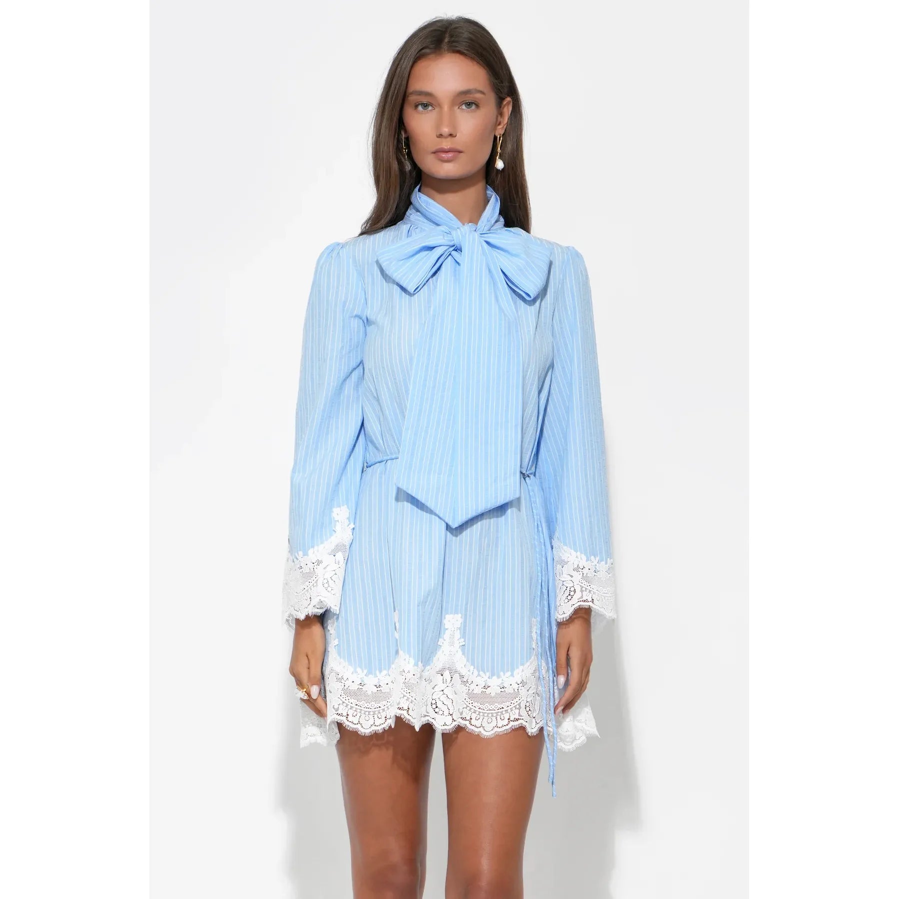 Victoria Neck Tie Lace Trim Stripe Mini Dress