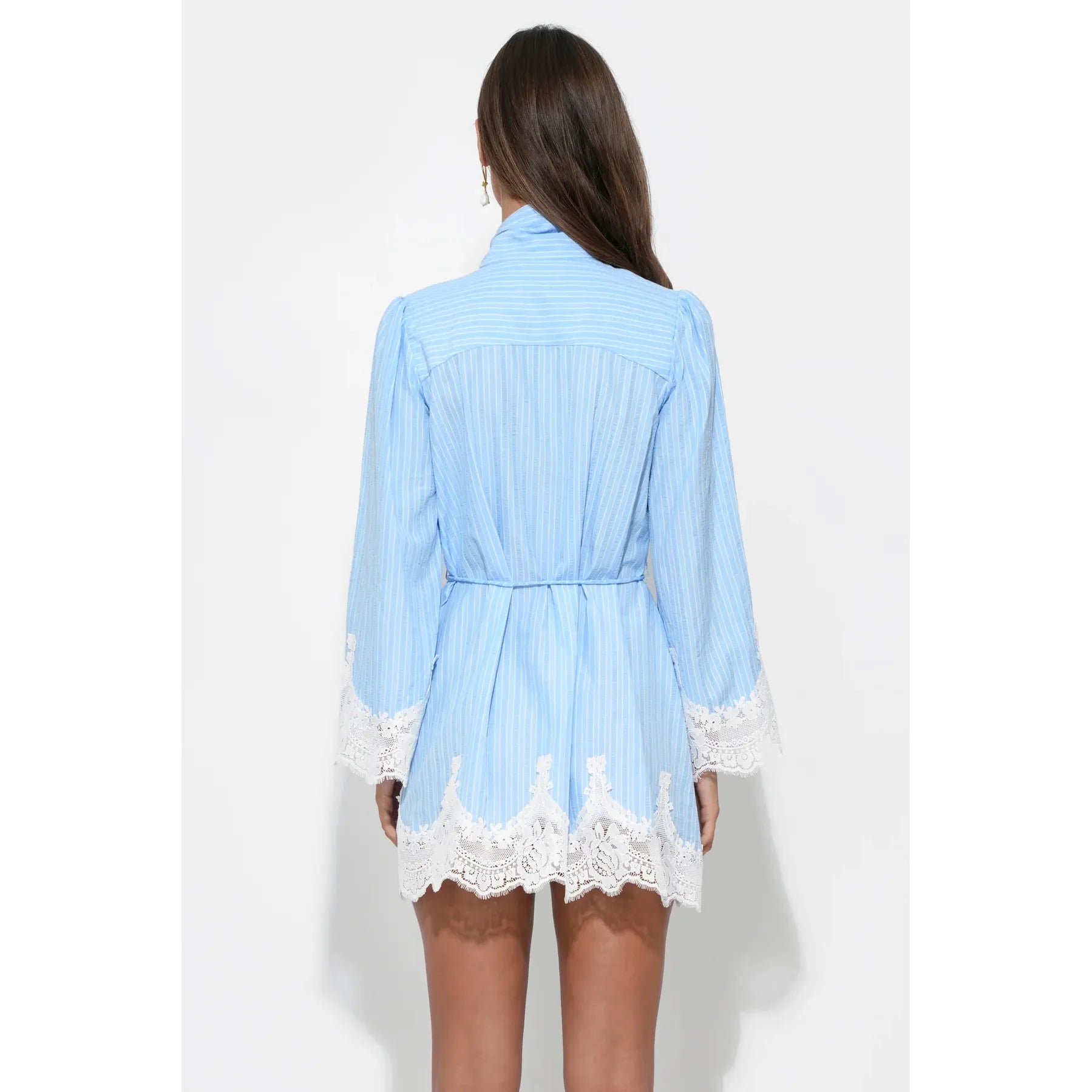 Victoria Neck Tie Lace Trim Stripe Mini Dress