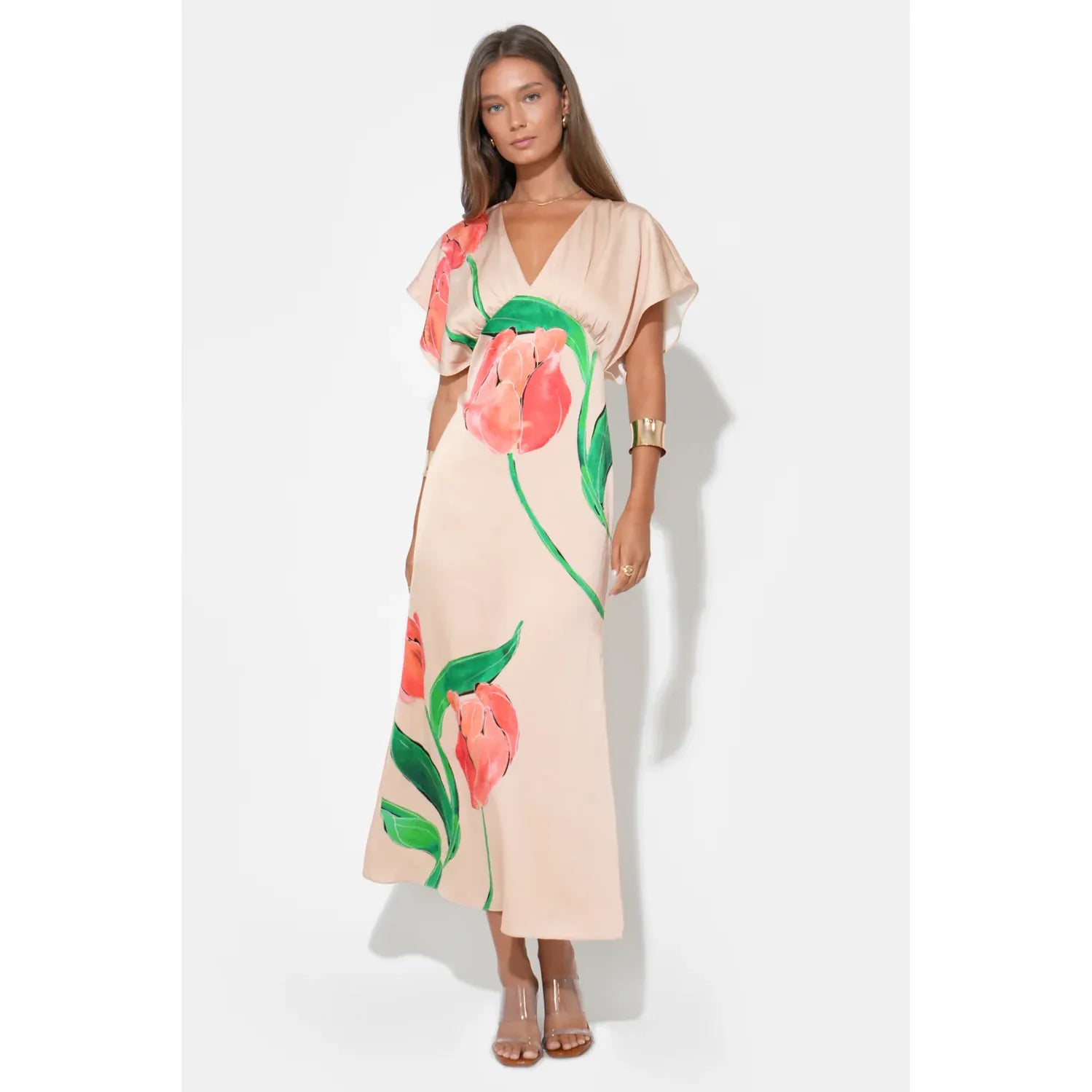 Madelyn Flutter Sleeve Large Floral Midi Dress