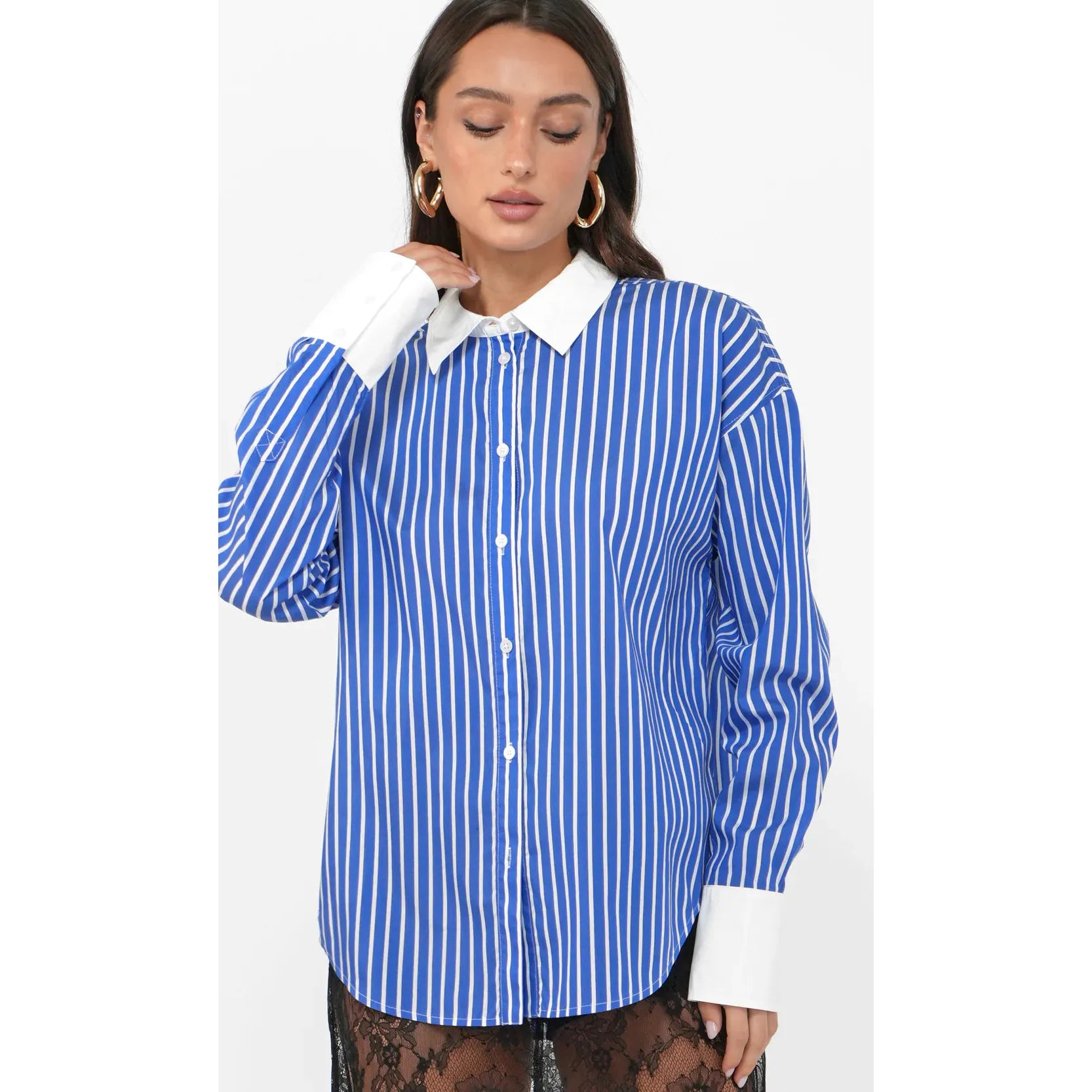 Geneviv Oversized Bold Stripe Shirt w/ Contrast Cuff
