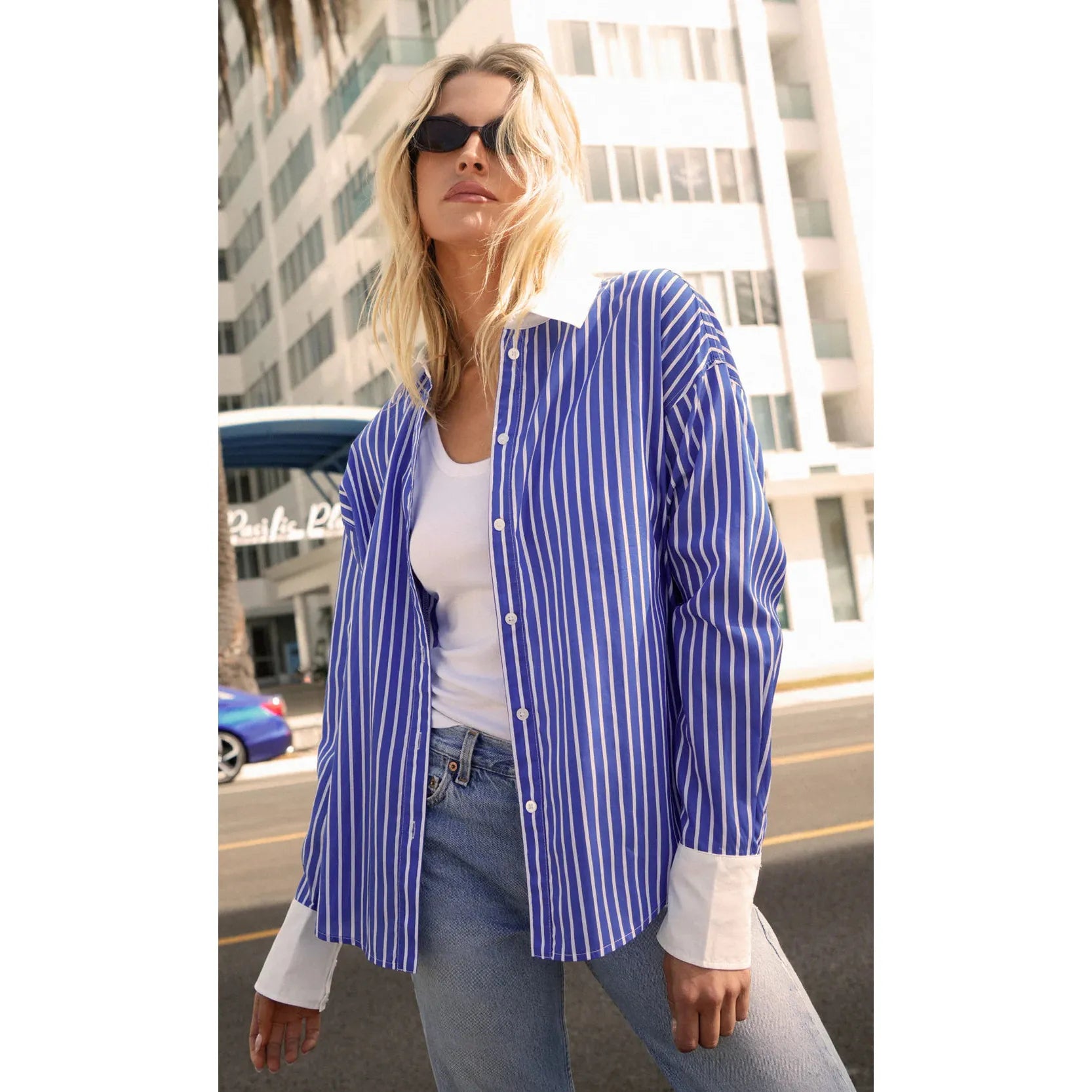 Geneviv Oversized Bold Stripe Shirt w/ Contrast Cuff