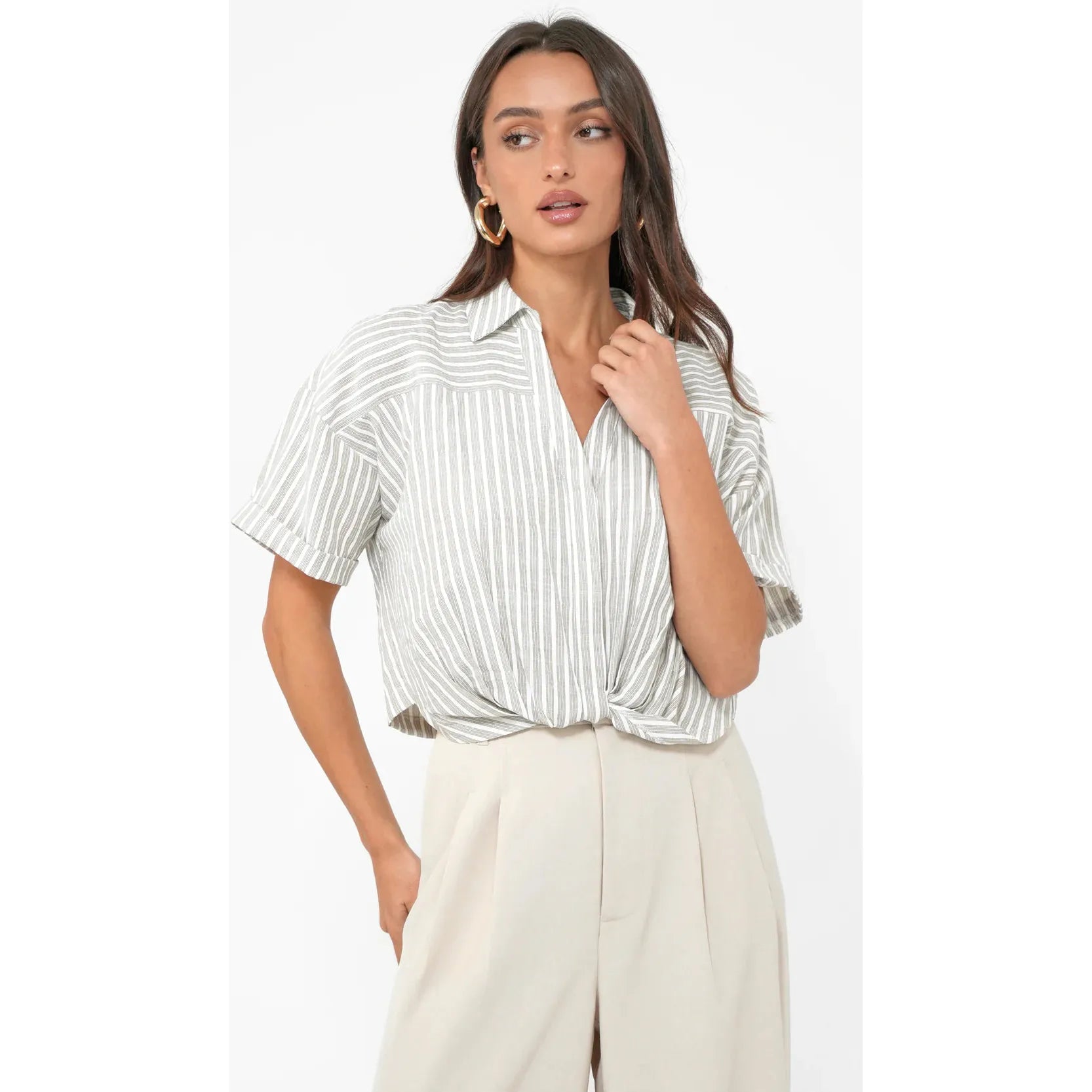 Maria Cropped Twist Front Stripe Shirt