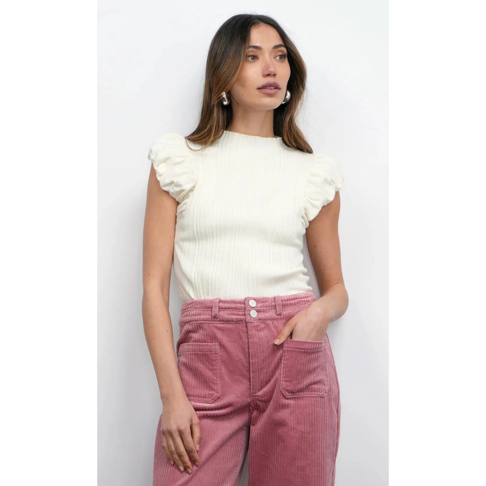 Austen Puff Cap Sleeve Rib Knit Top