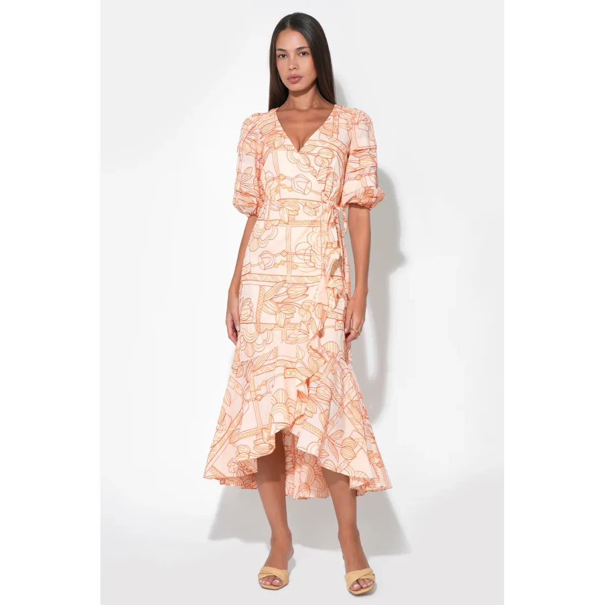 Haven Ruffle Embroidery Wrap Midi Dress
