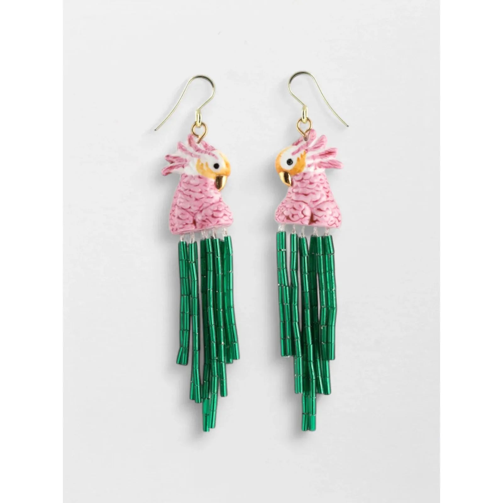 Pink Cockatoo & Green Bead Earrings