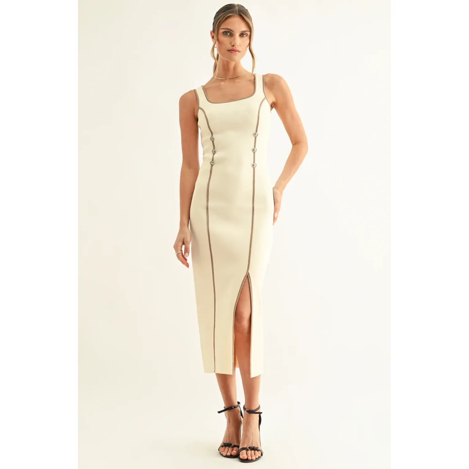 Kriss Contrast Binding Knit Midi Dress With Slit
