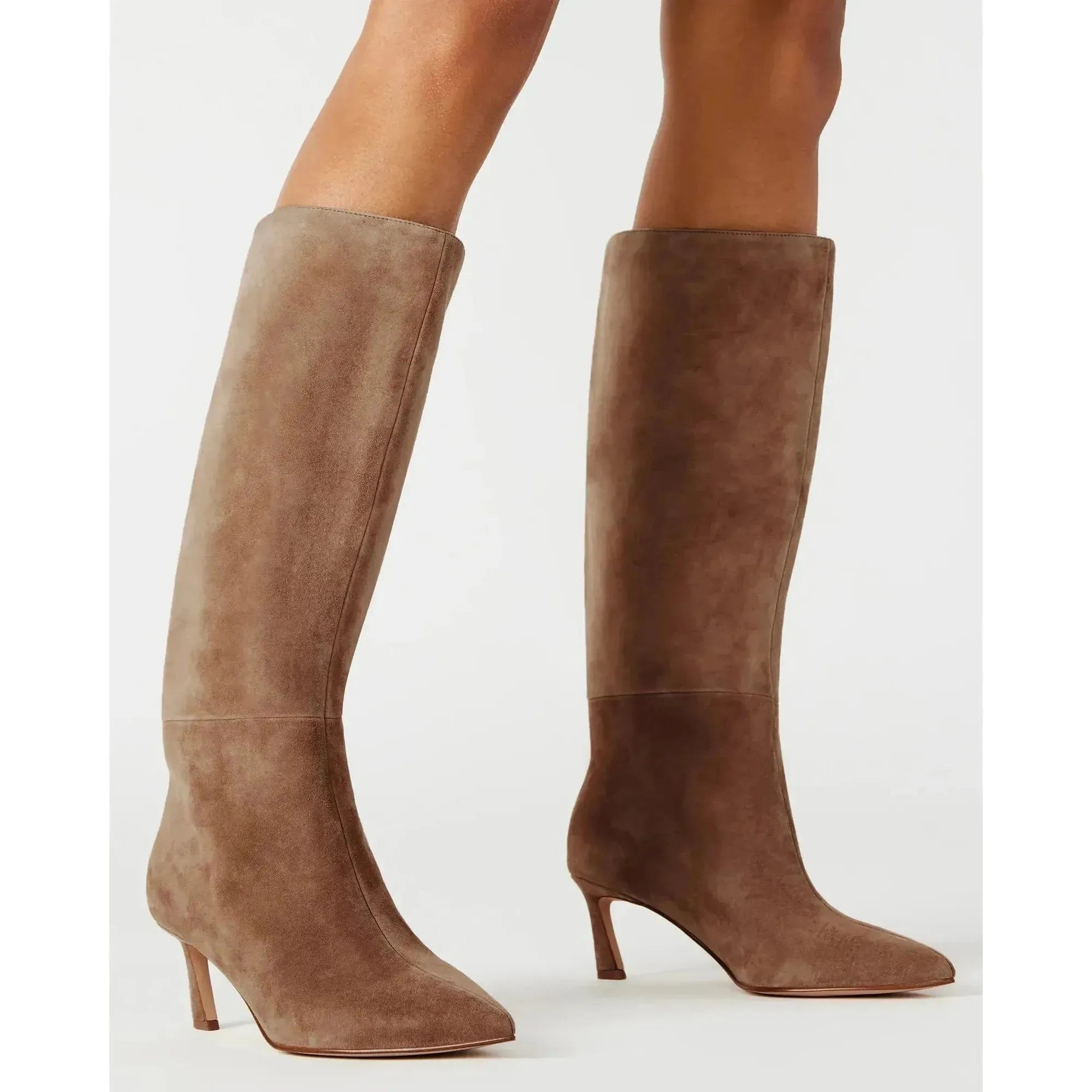 Lavan Kitten Heel Knee High Boot | Taupe Suede