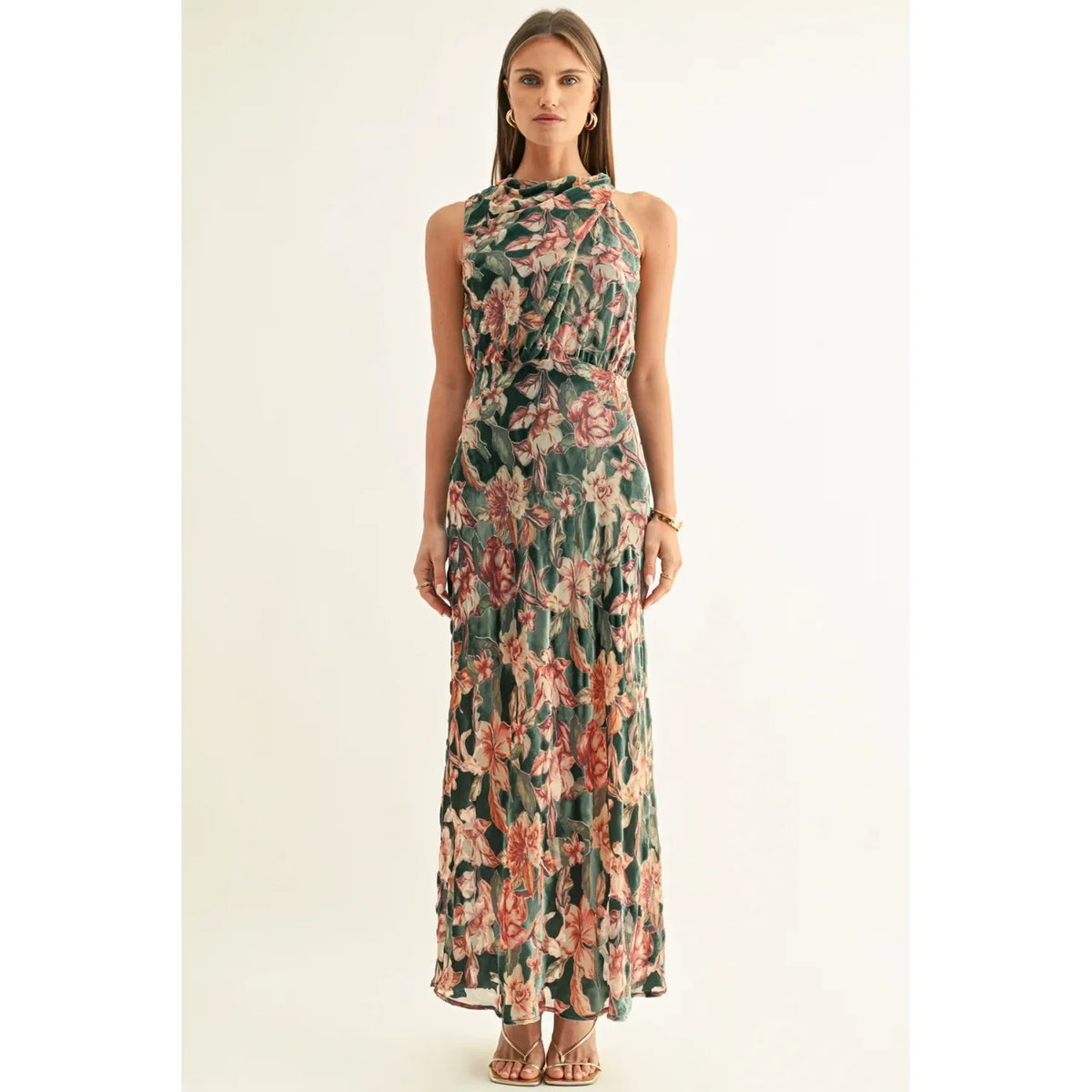 Veda Burnout Velvet Draped Maxi Dress