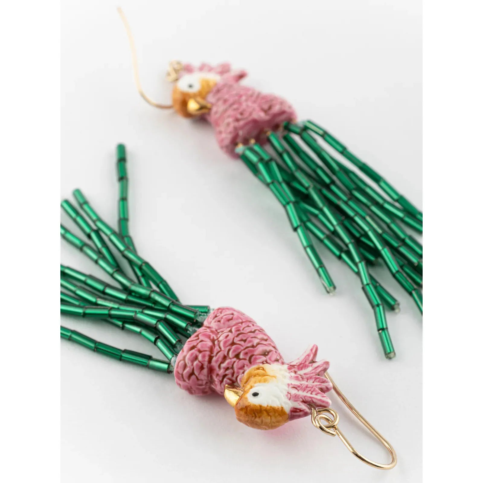 Pink Cockatoo & Green Bead Earrings