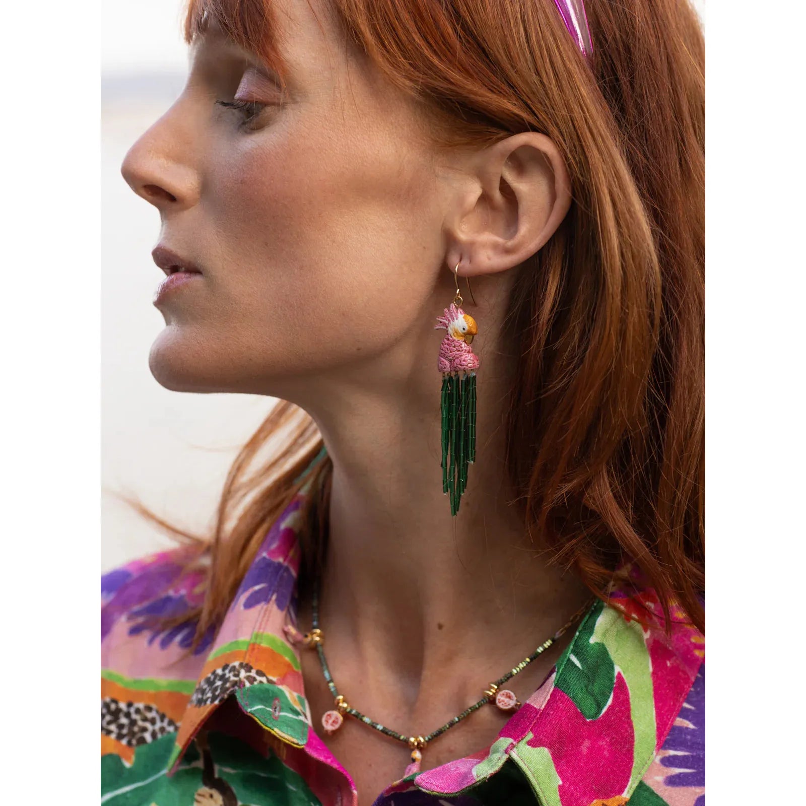 Pink Cockatoo & Green Bead Earrings