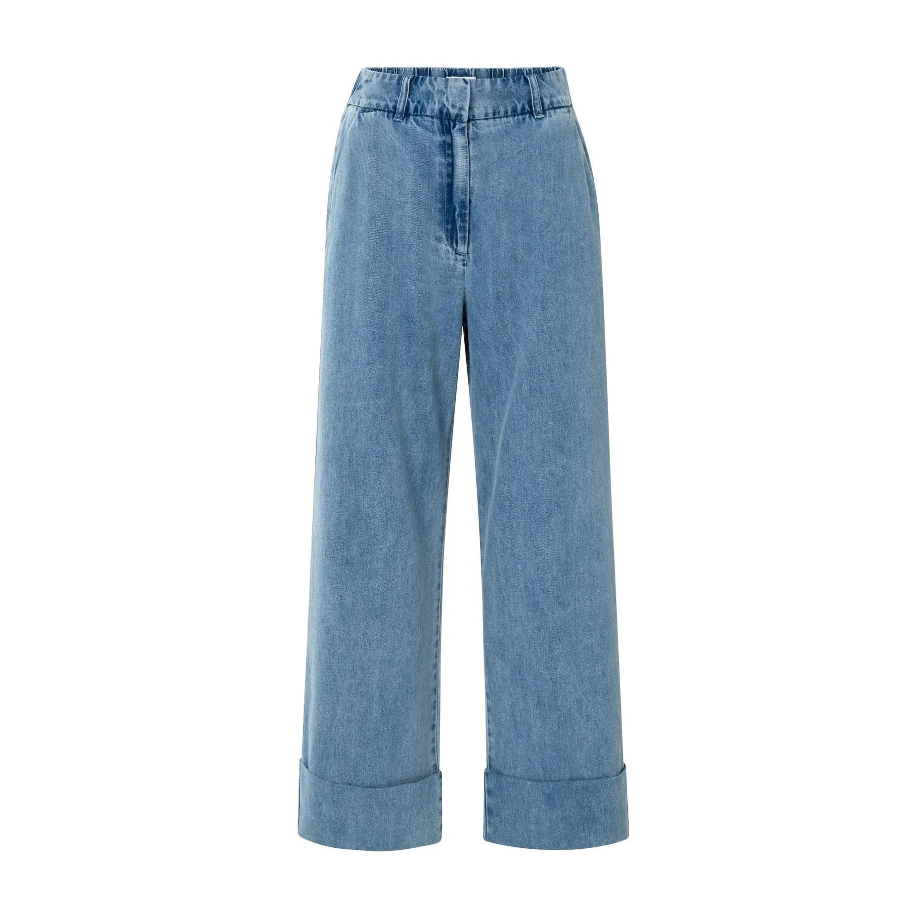Denim Trousers with turn-ups and elastic waistband | 32" L