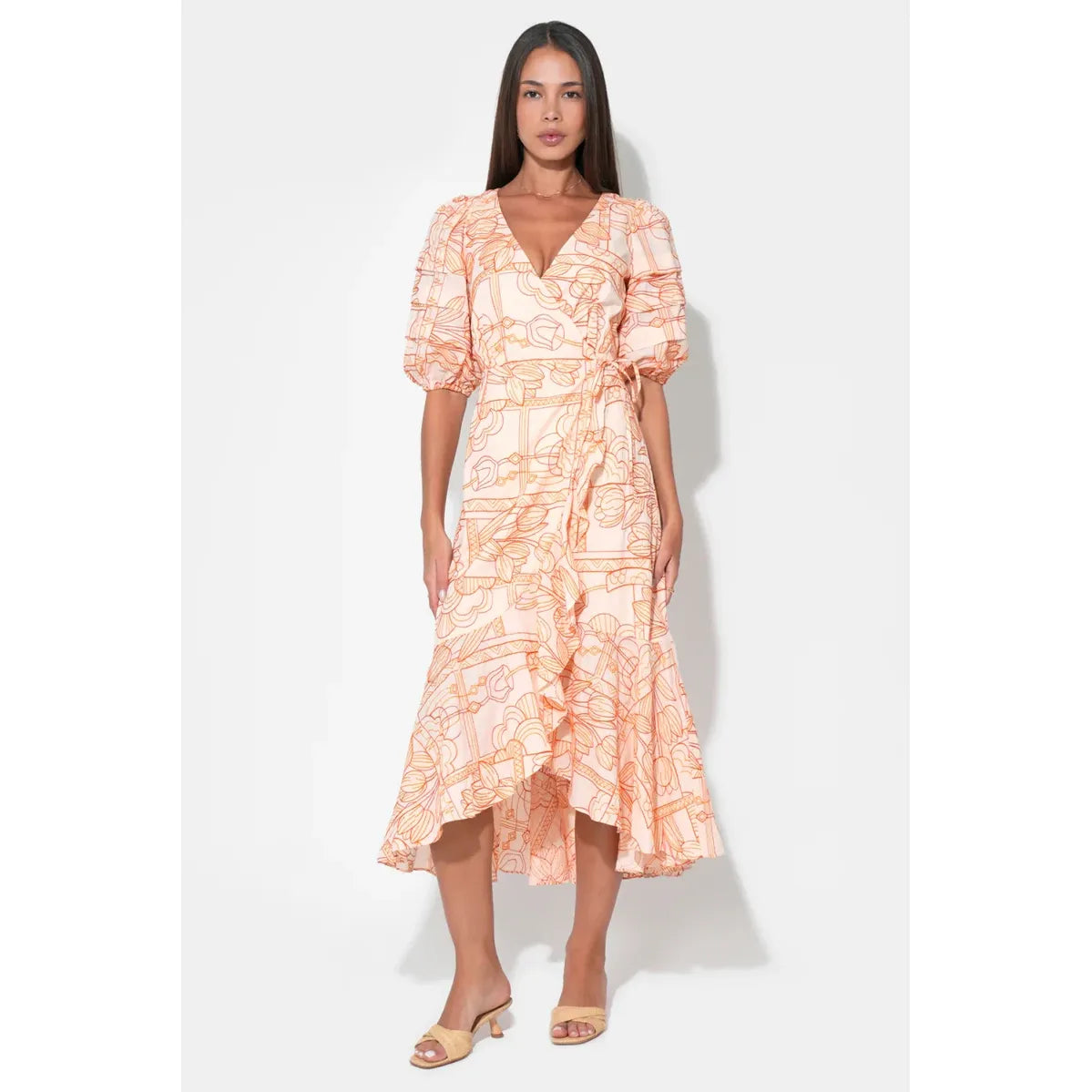 Haven Ruffle Embroidery Wrap Midi Dress