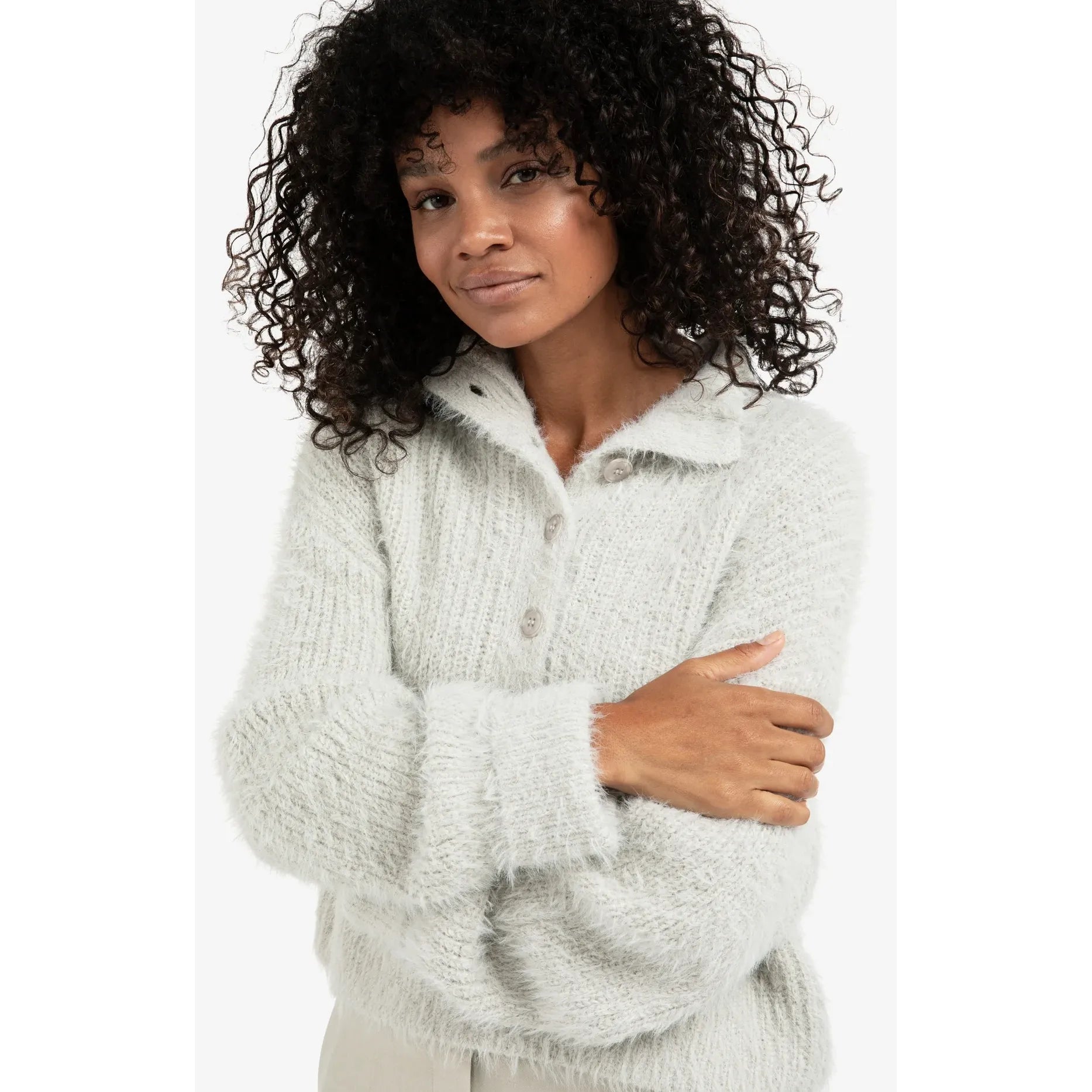 Fluffy Cropped Sweater w/ Collar & Buttons