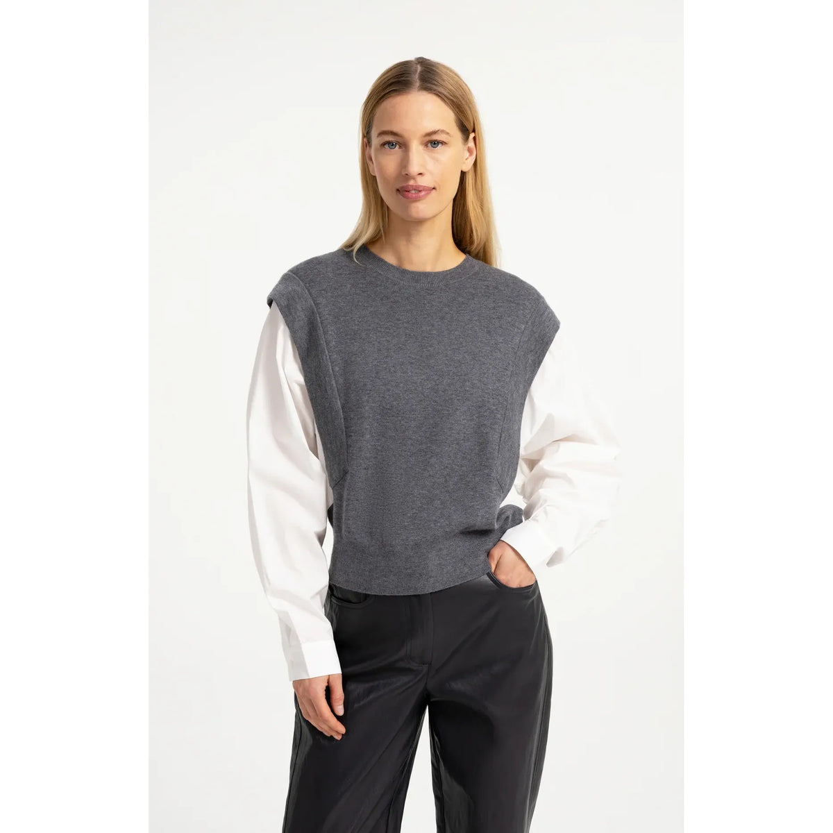 Knitted Sweater w/ Woven Sleeves