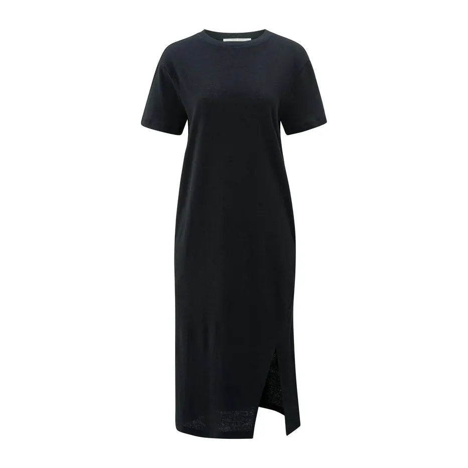 Linen blend T-shirt dress with short sleeves and slit
