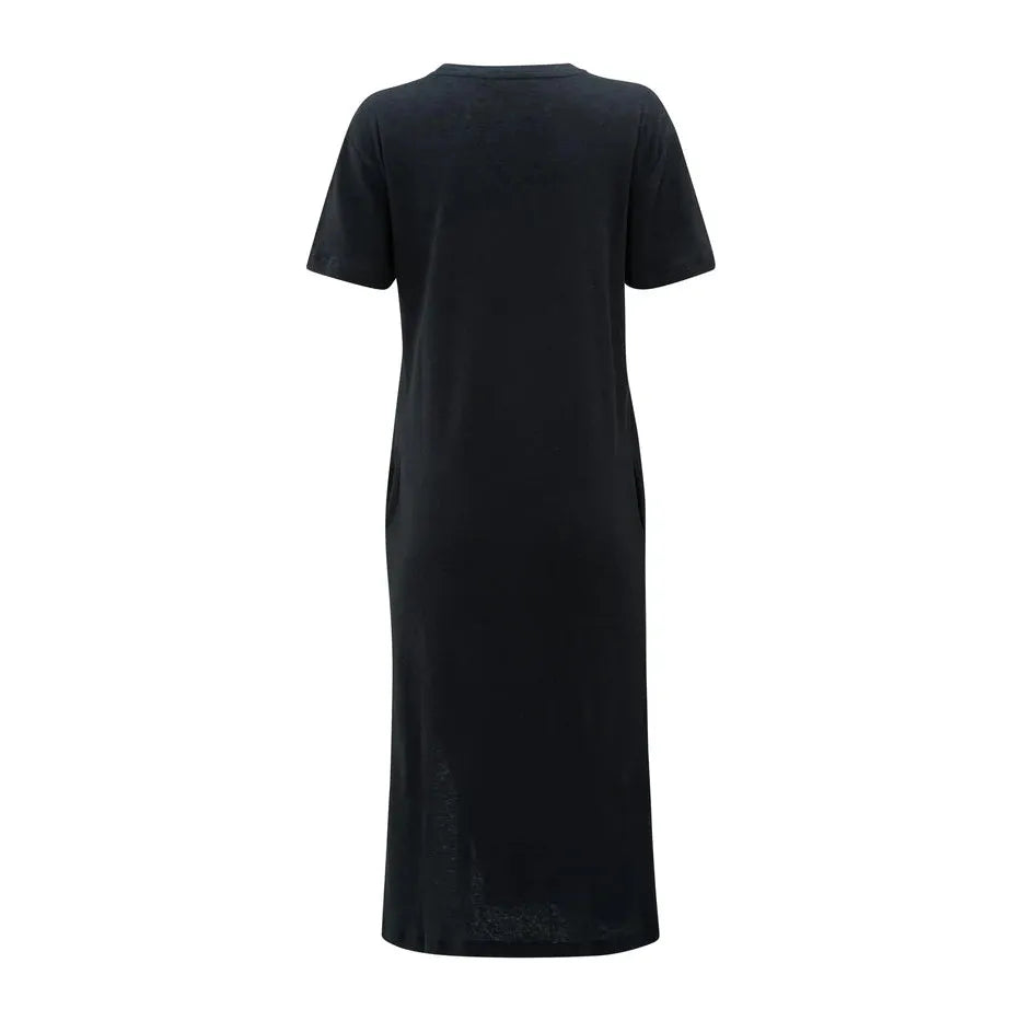 Linen blend T-shirt dress with short sleeves and slit
