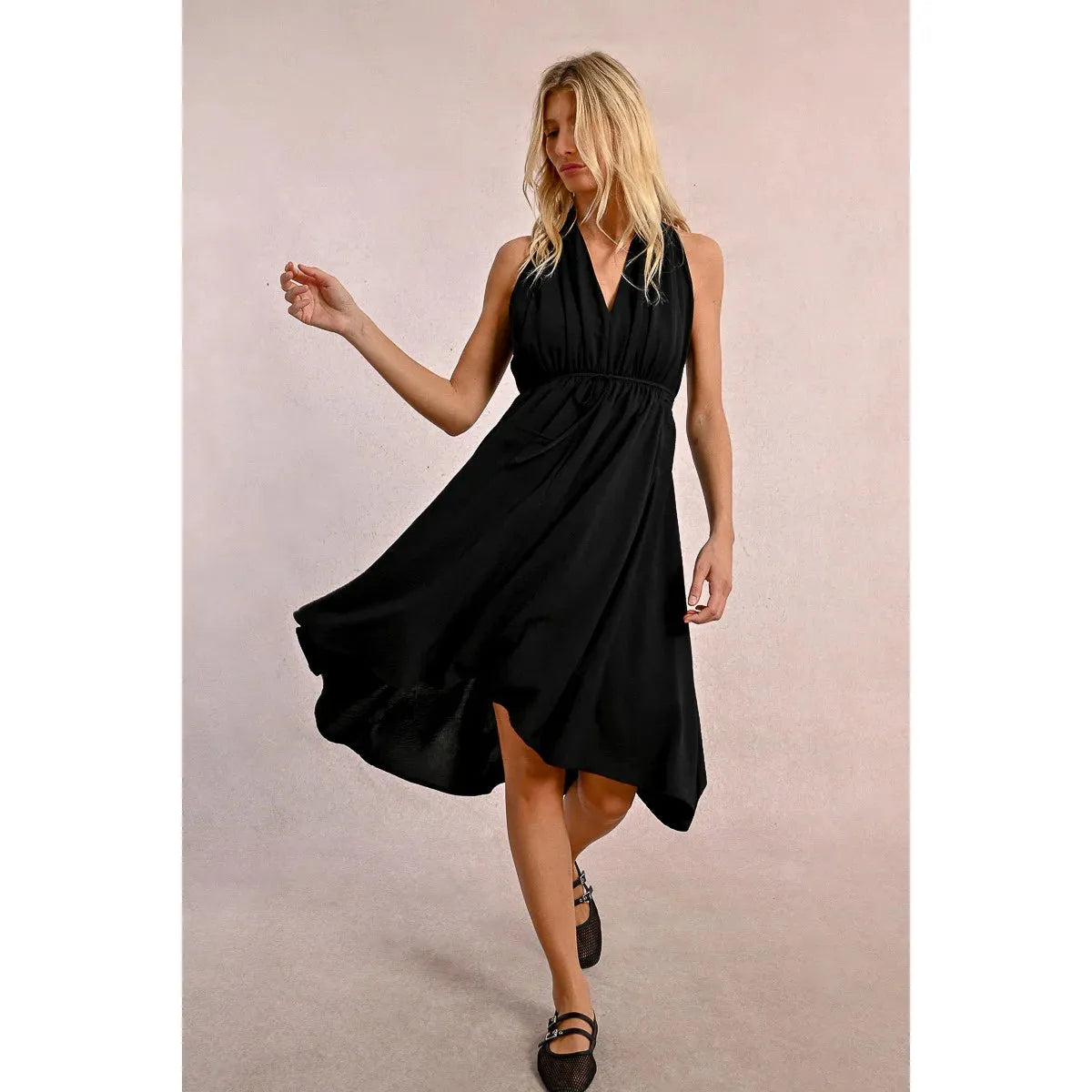 Black Pleated Sleeveless Mini Dress