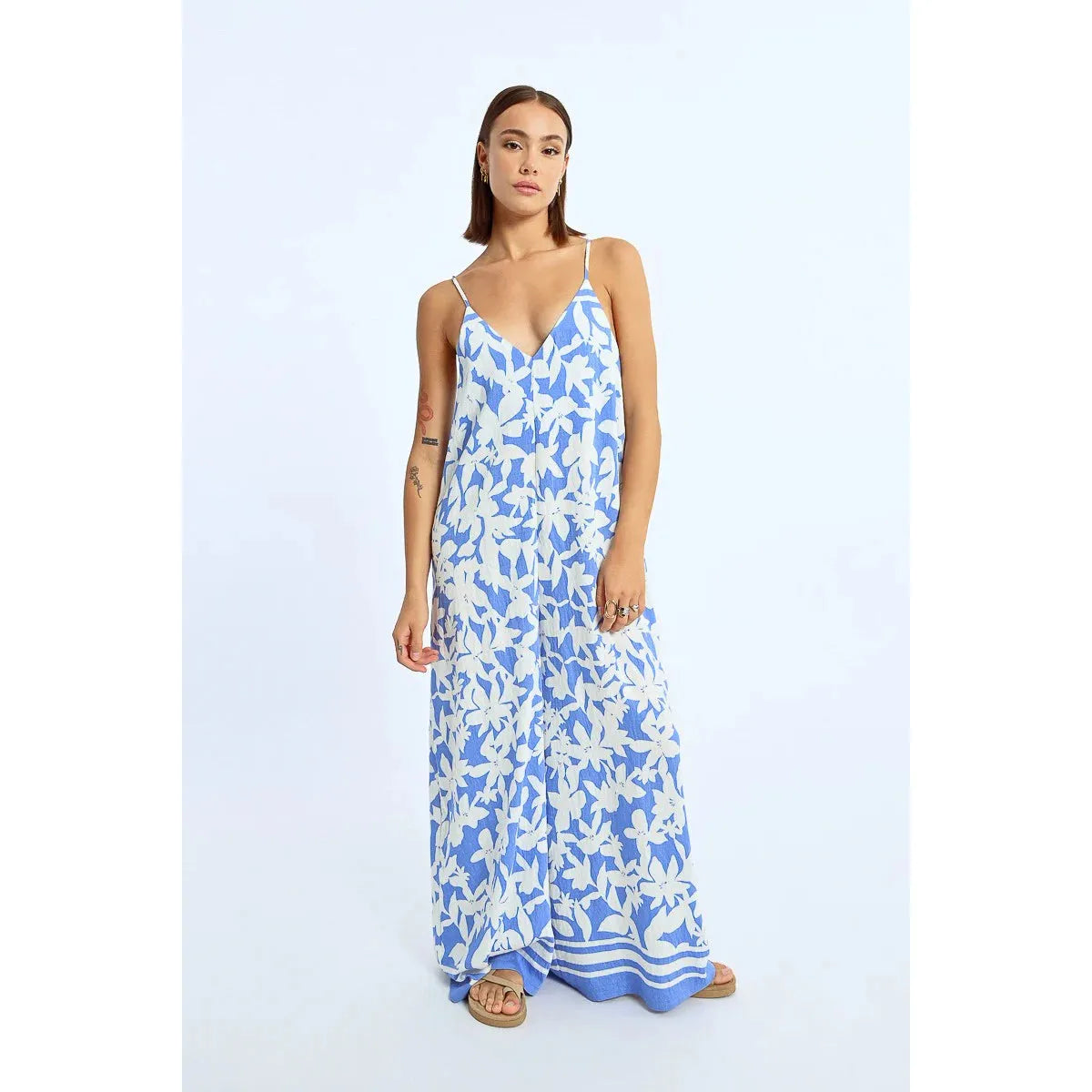 Blue Floral Strappy Jumpsuit