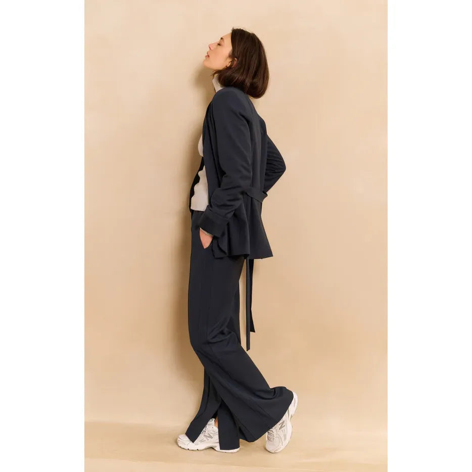 Woven Wide Leg Trousers w/ Decorative Seams & Slit