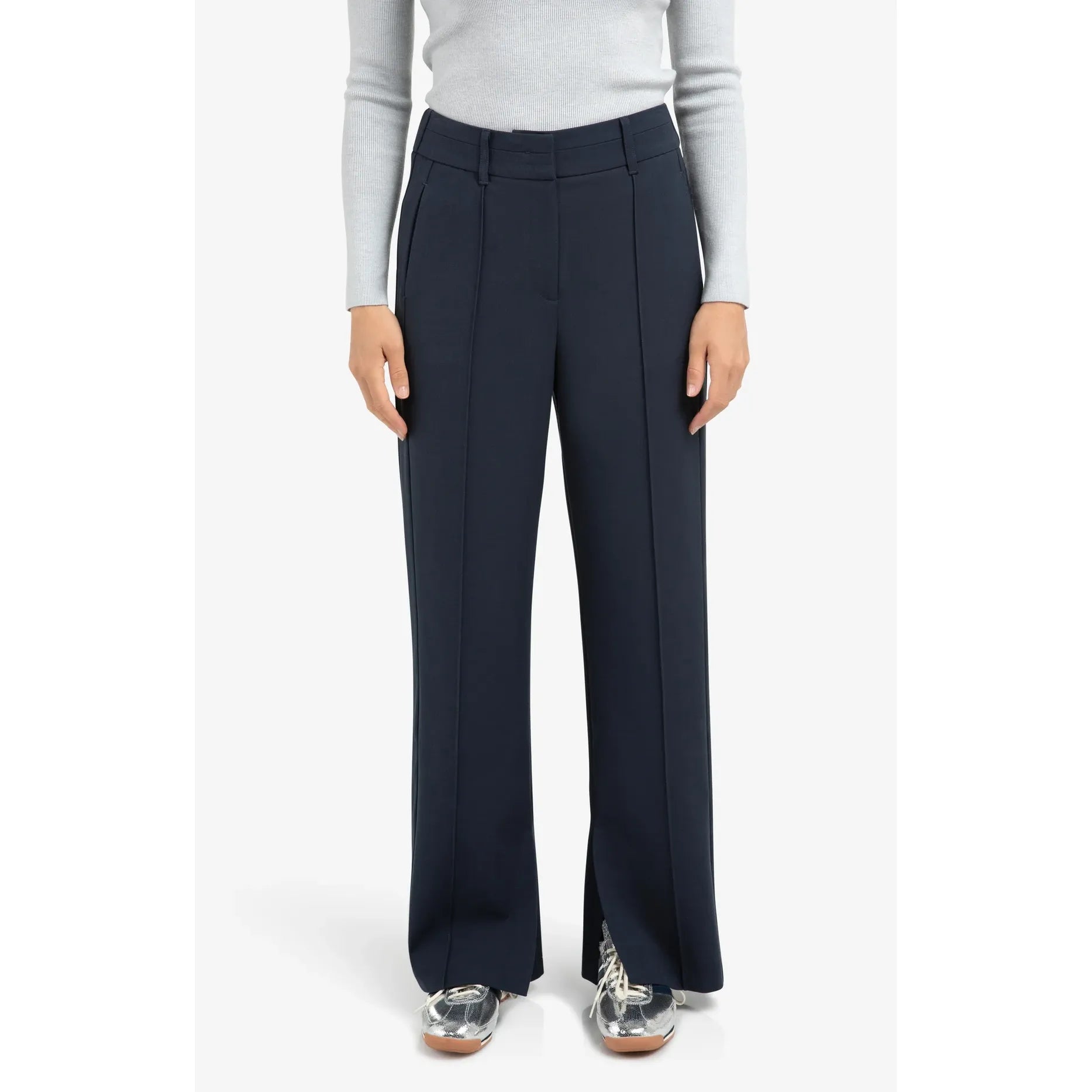 Woven Wide Leg Trousers w/ Decorative Seams & Slit