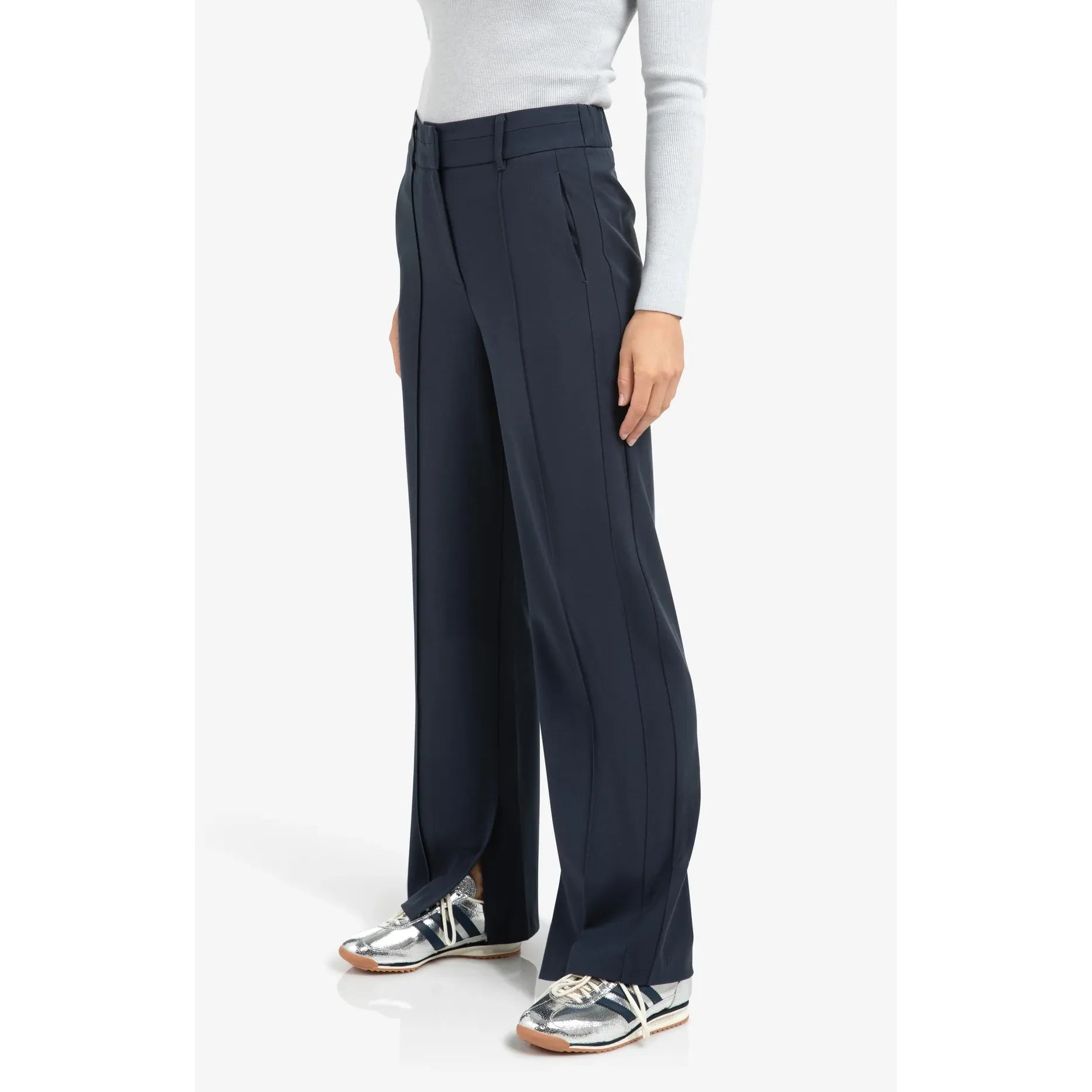 Woven Wide Leg Trousers w/ Decorative Seams & Slit