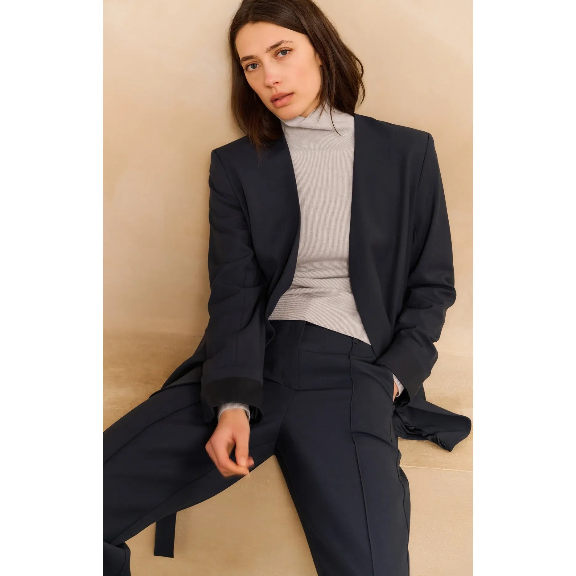 Woven Blazer with Belt and Folded Cuff Detail