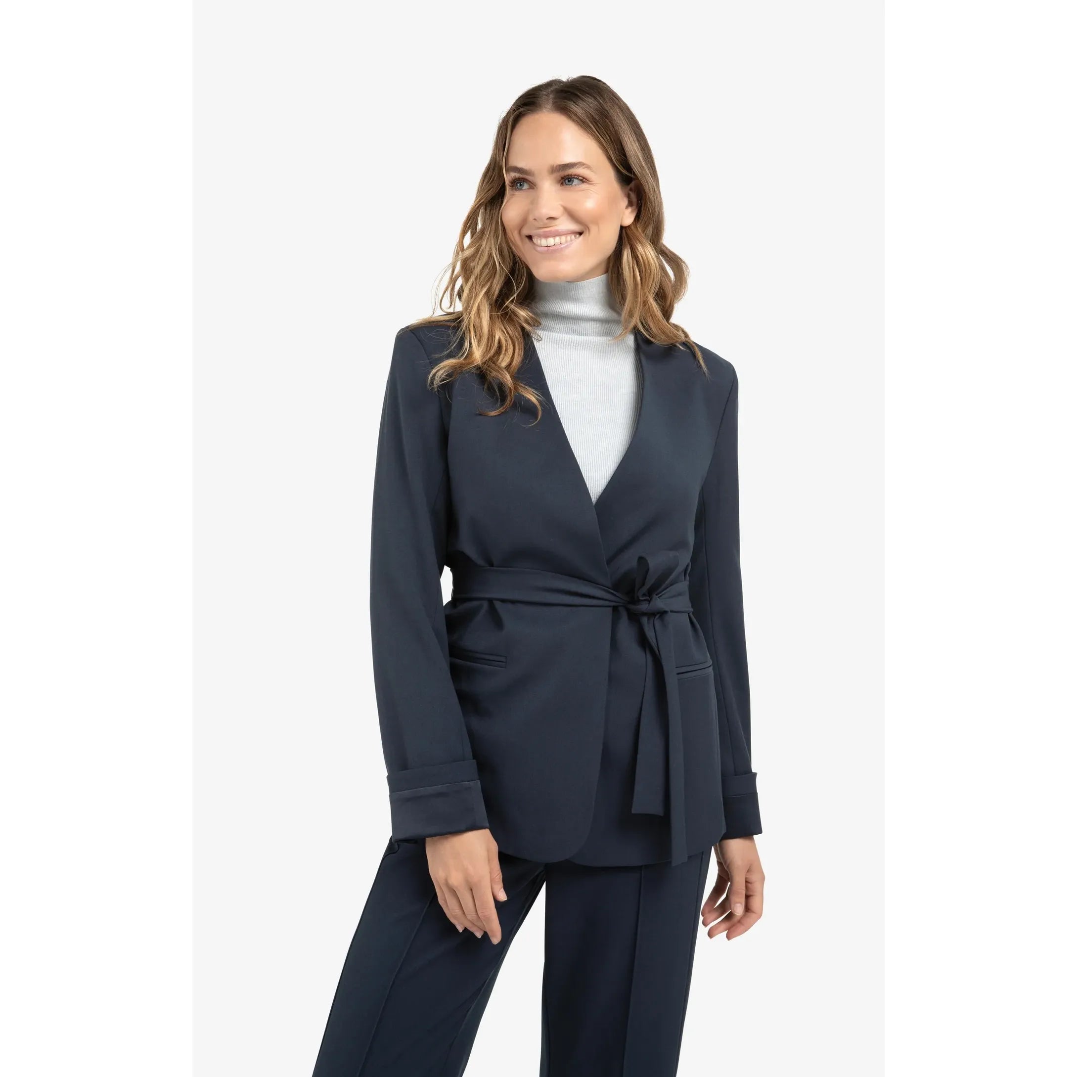 Woven Blazer with Belt and Folded Cuff Detail