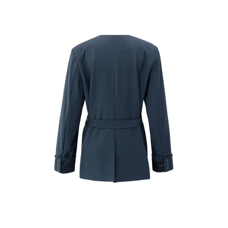 Woven Blazer with Belt and Folded Cuff Detail