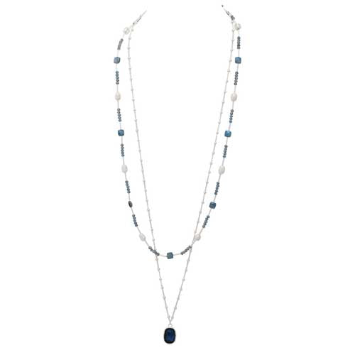 Merx 06-02461 Shiny Silver Navy Crystal Necklace