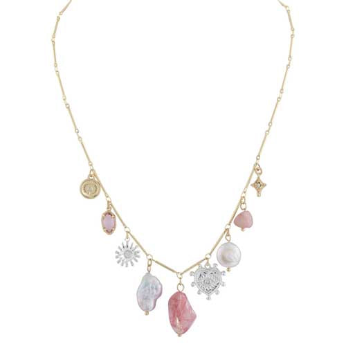 Merx 06-14367-2 Gold and Rose Quartz Short Charm Necklace