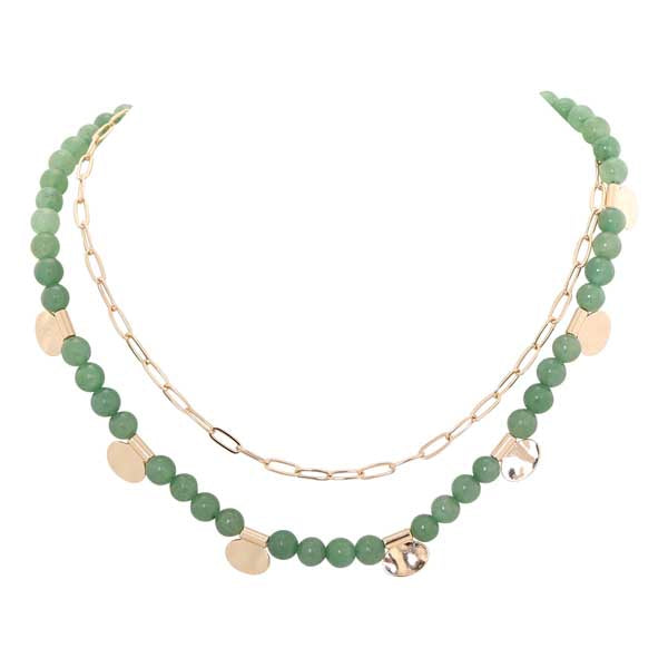 Merx 06-42490-1 Green Stone and Gold Layered Necklace