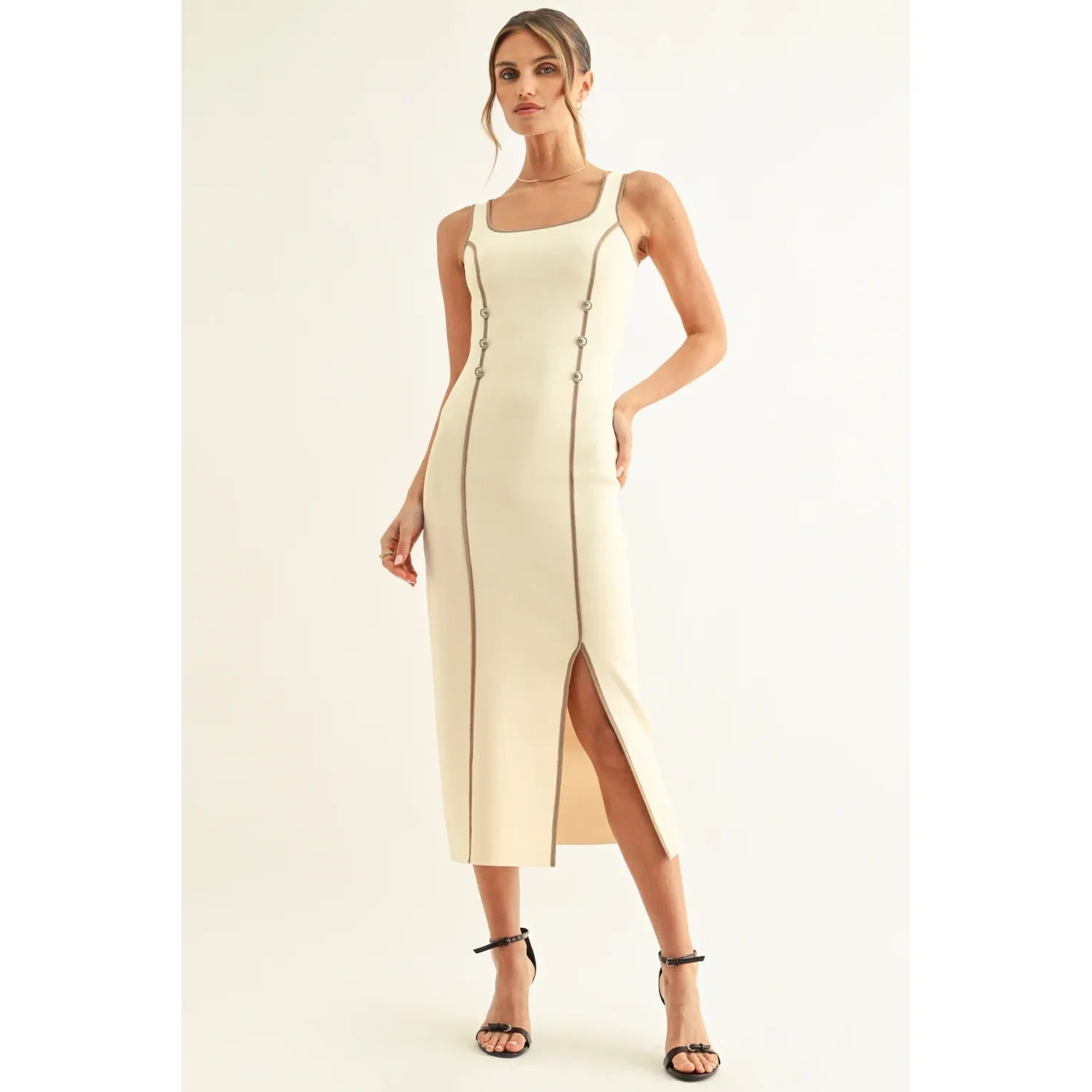 Kriss Contrast Binding Knit Midi Dress With Slit