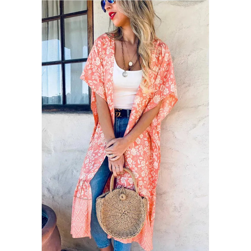 Peach Floral Printed Ruffle Bottom Kimono