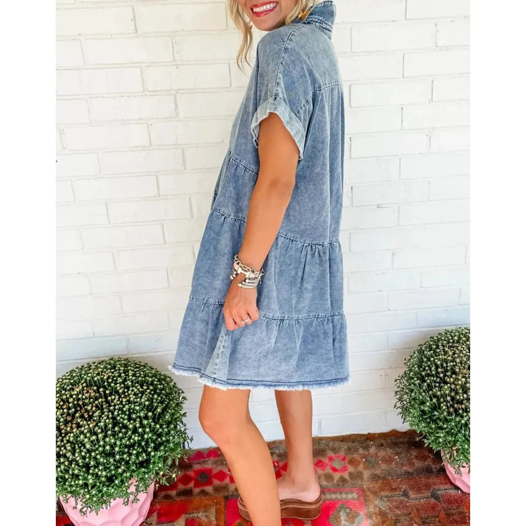 Acid Wash V Neck Denim Dress