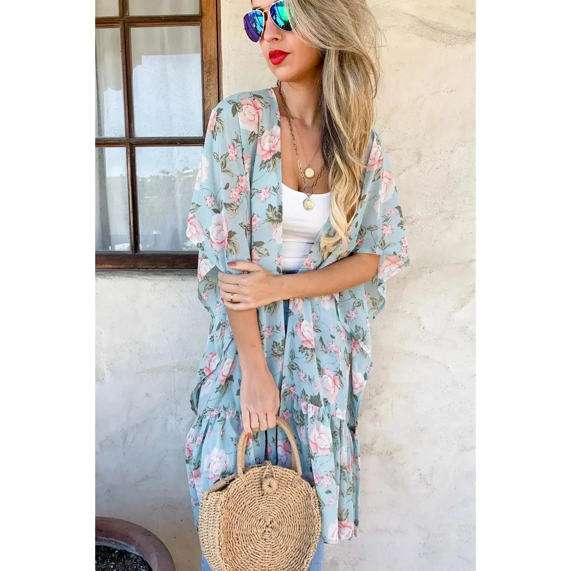 Mint Floral Printed Ruffle Bottom Chiffon Kimono