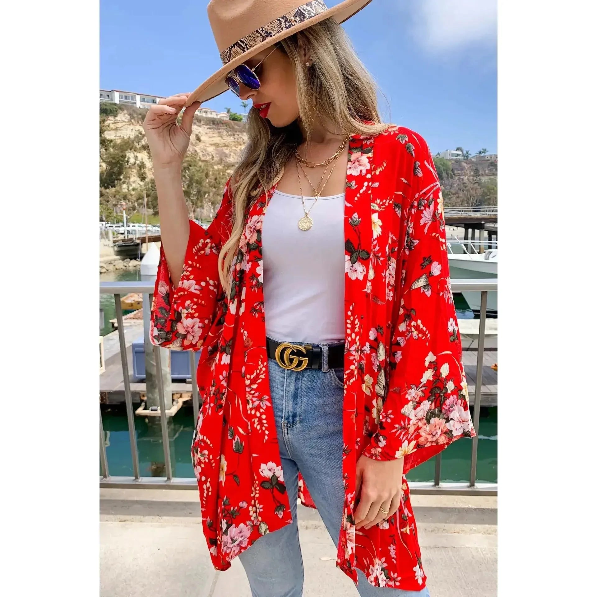 Red Floral Printed Kimono