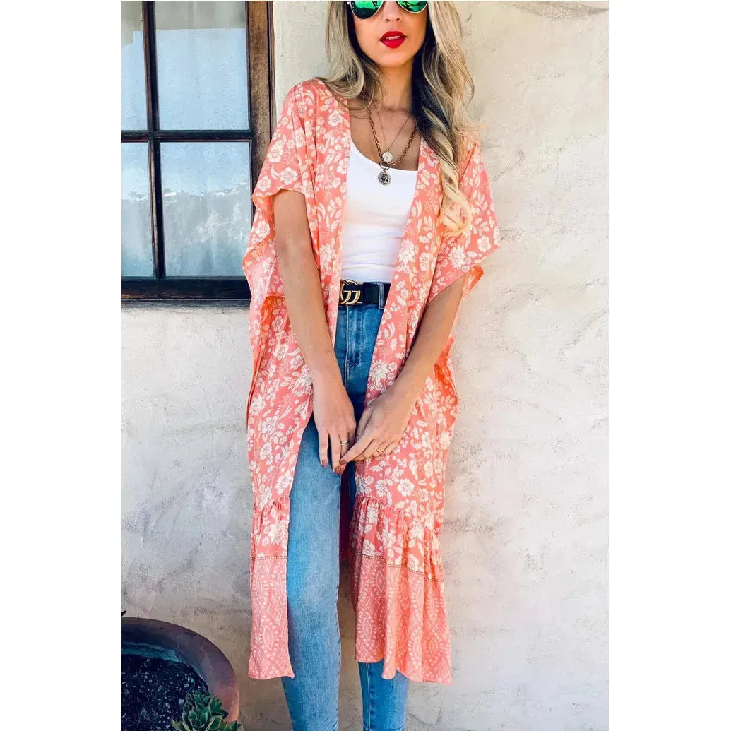 Peach Floral Printed Ruffle Bottom Kimono