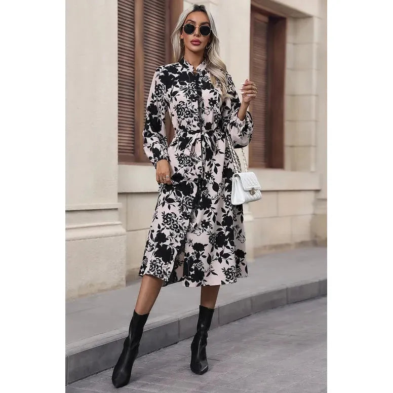 Floral Balloon Sleeve Tied Midi Dress