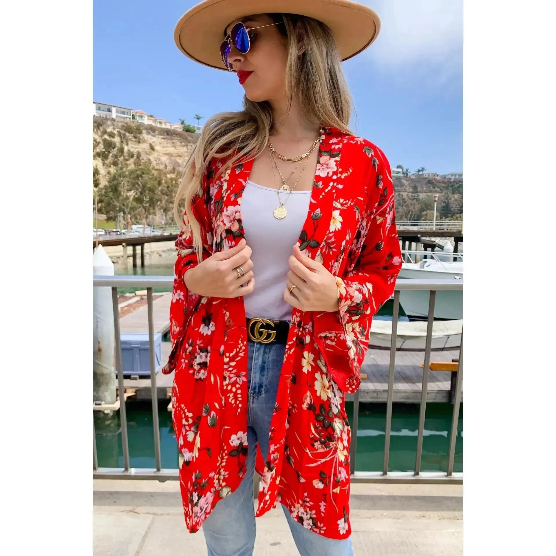 Red Floral Printed Kimono