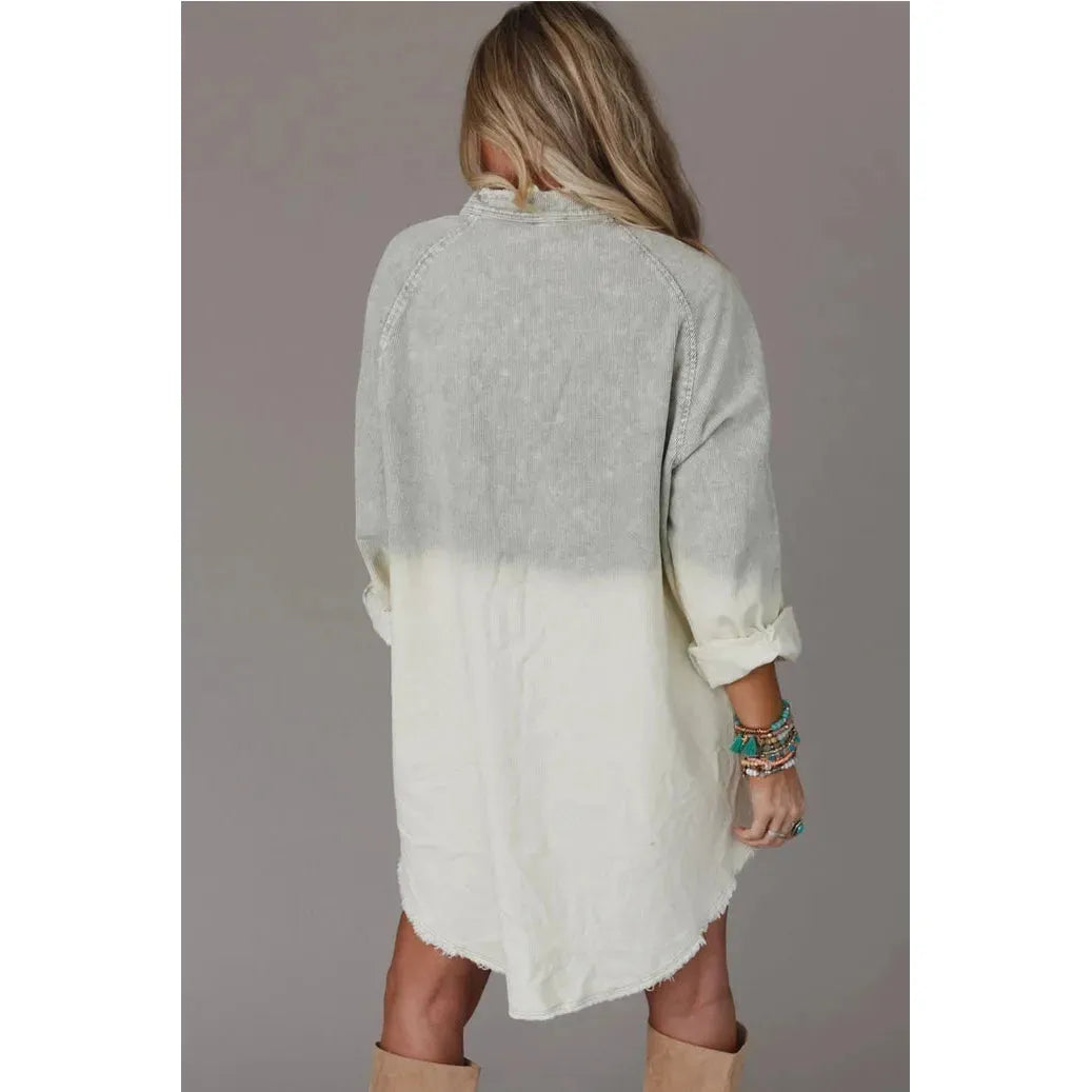 Gradient Long Sleeve Button Up Raw Hem Denim Dress.